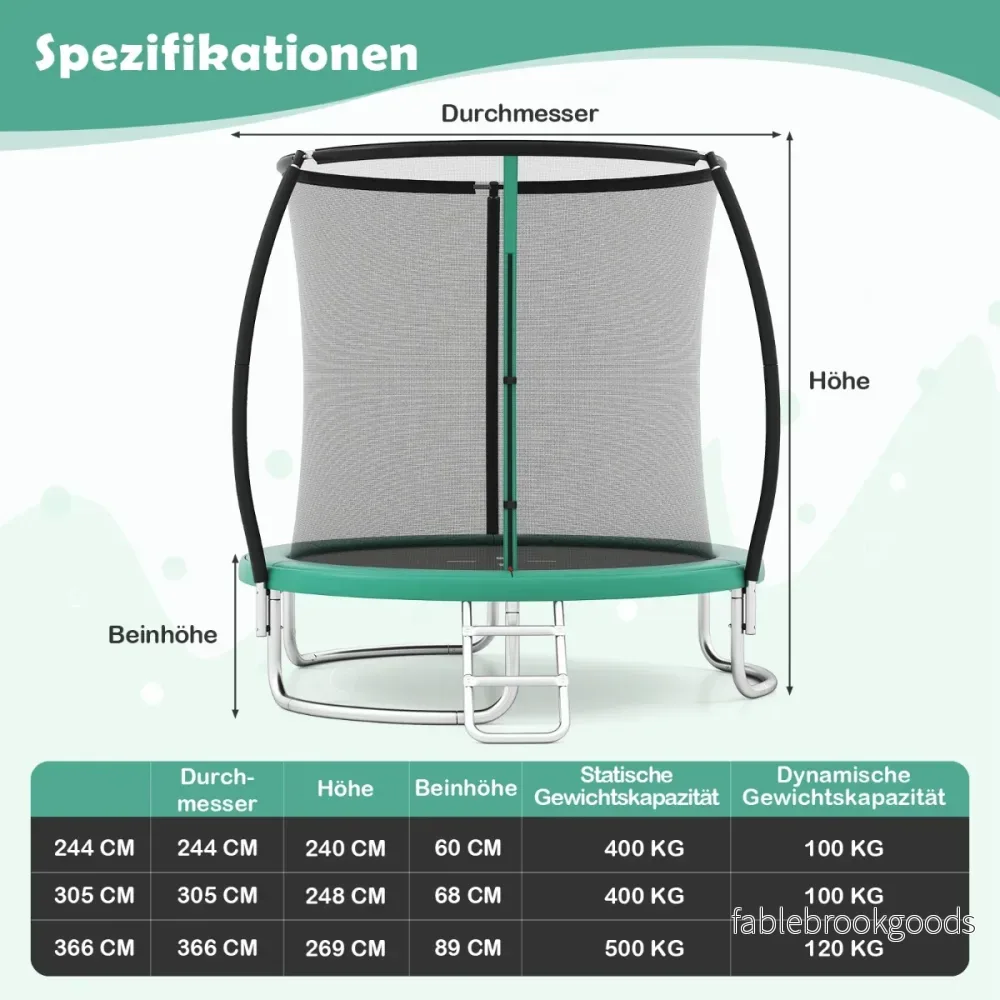 Trampolin – utomhus med stege, rund säkerhetsnät, kantöverdrag och metallram – Ø 305 cm – Grön - Bild 2