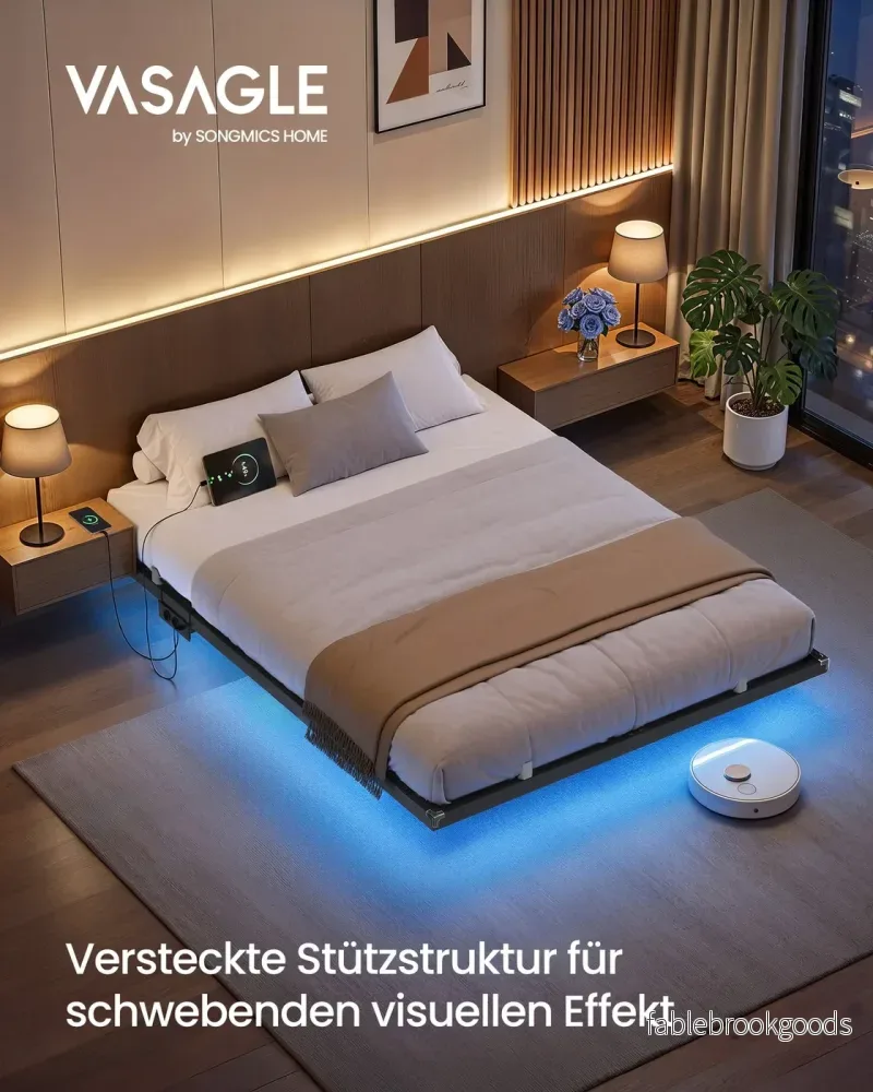 Bedframe - 200 x 140 x 26 cm - zwevend effect - ledverlichting - afneembare stekkerdoos met 2 stopcontacten, 1 USB-C-poort en 2 USB-A-poorten - maximaal draagvermogen 500 kg - inktzwart - Bild 2