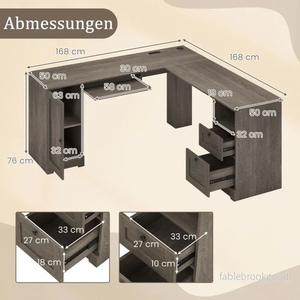L – formad skrivbord med laddstation och tangentbordsfack lådor – 2 – Grå - Bild 2