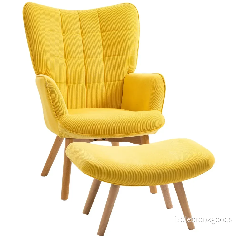 Gul Corduroy Wing Chair med pall – Wooden Legs Fåtölj