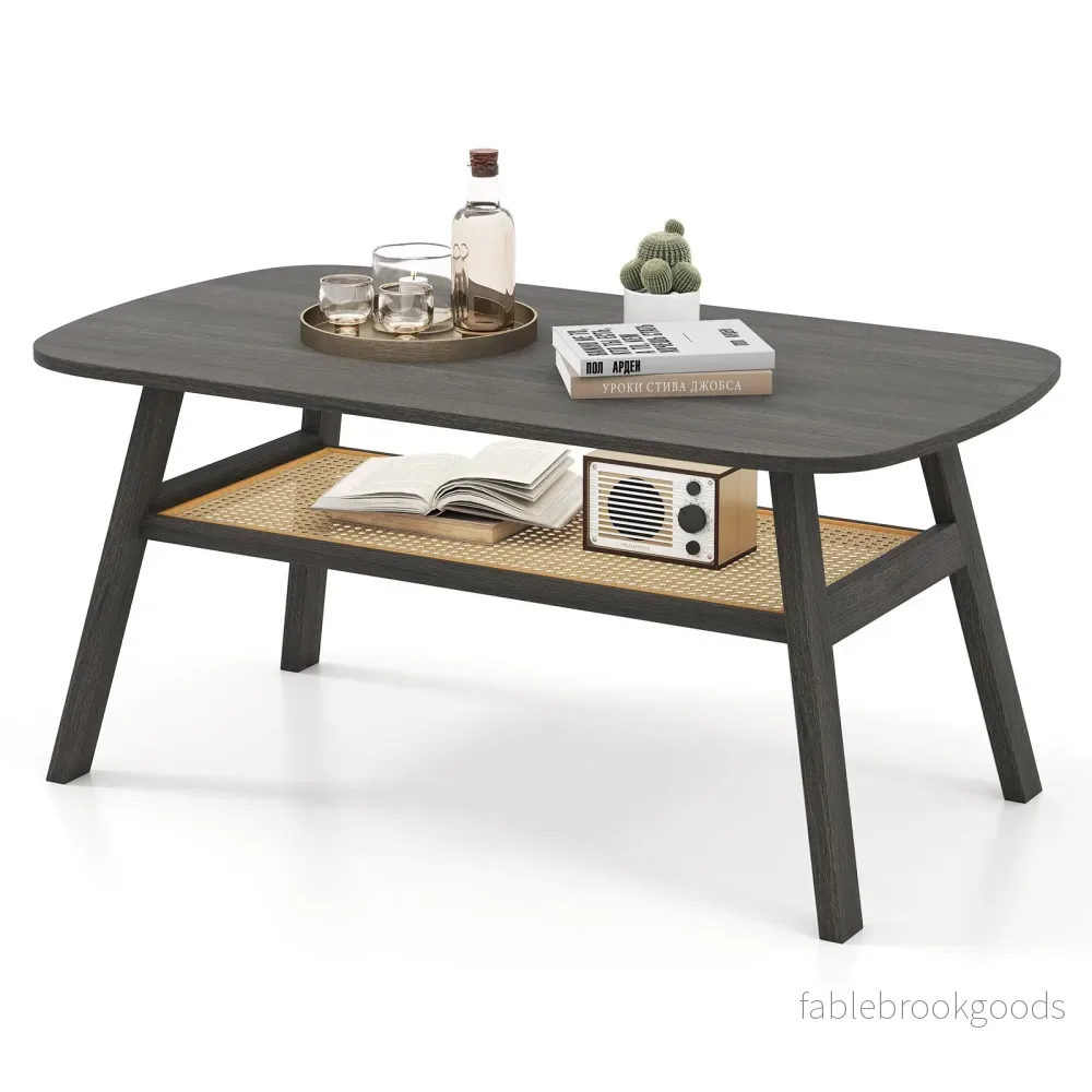 Soffbord – i trä vardagsrumsbord med rattanhylla sidobord nivåer kaffebord rustik – 2 100 x 55 x 44,5 cm – Mörkgrå