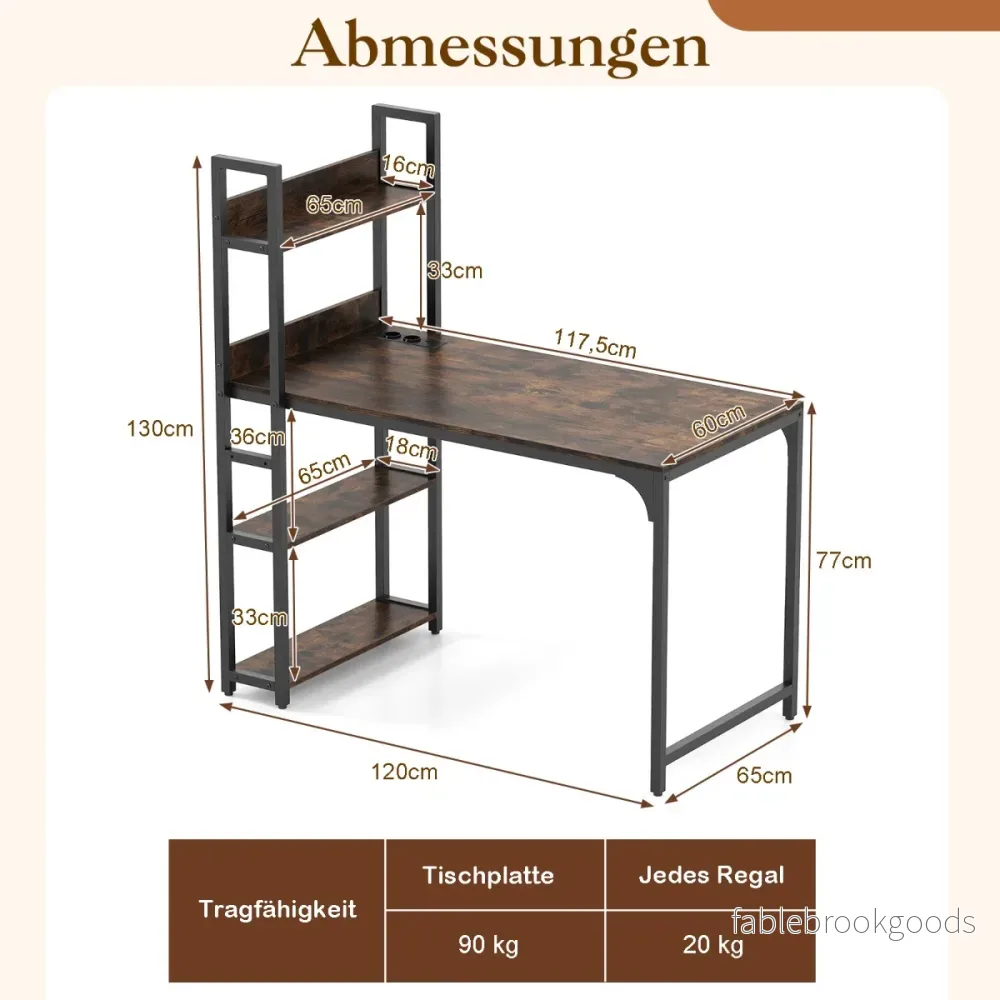 Skrivbord – med laddstation och öppet bokhylla datorbord kontorsbord PC – Rustik brun - Bild 2
