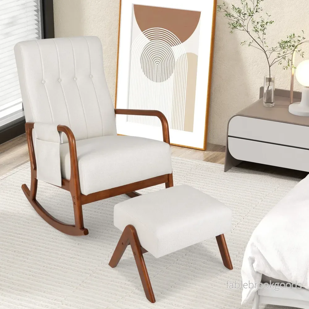 Gungstol – med ottoman Polstret ryggstöd och sidoficka – Beige - Bild 3