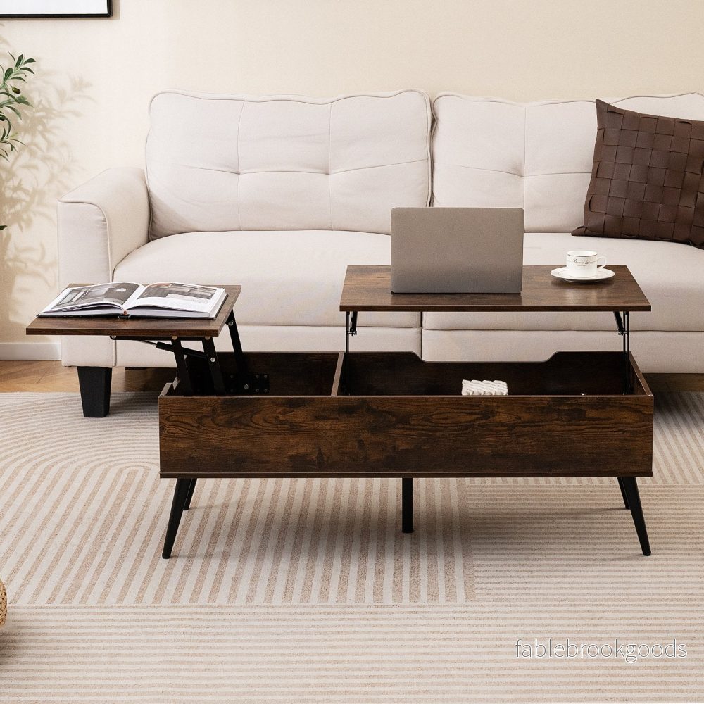 Höj – och sänkbar soffbord med lyftbar bordsskiva dolda förvaringsfack sidobord – 2 – Brun - Bild 3
