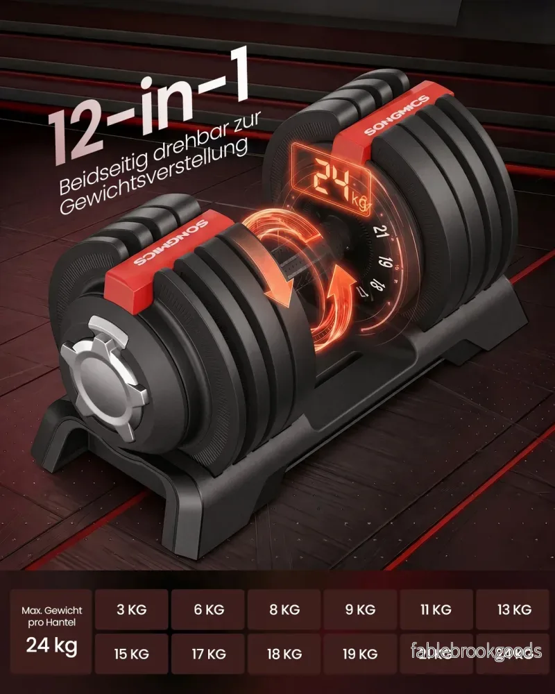 Dumbbells - 3 kg tot 24 kg - Verstelbaar - Zwart en rood - Totale gewicht 48 kg - Afmetingen 40 x 20 x 21 cm - Bild 3