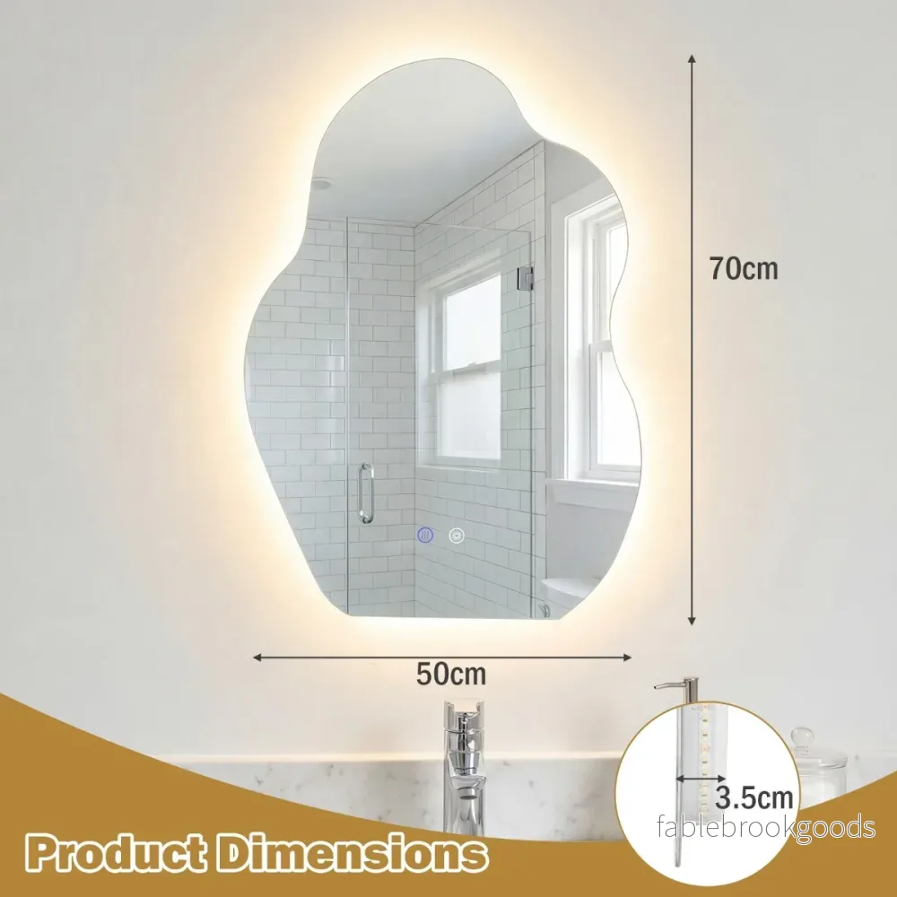 Oregelbunden – badrumsspegel med LED belysning och imma säker minnesfunktion, väggspegel cm. – 70 x 50 – Silver