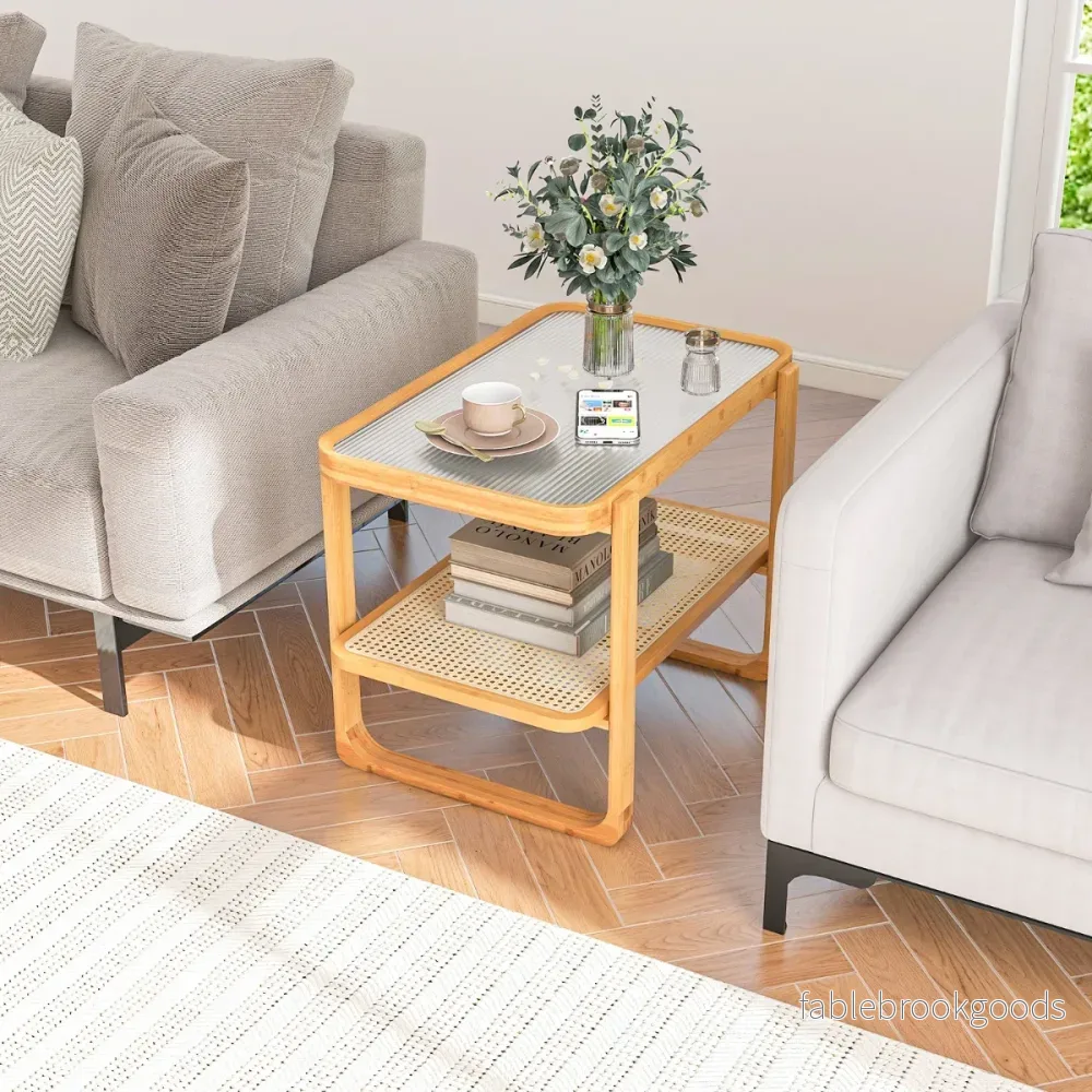 Soffbord – med avtagbar glasskiva och rottinghylla bamburam – Natur - Bild 3