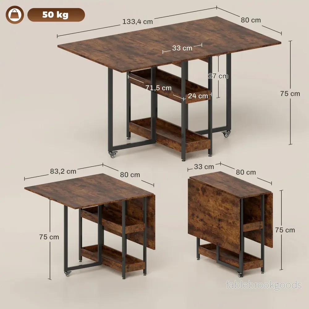 Fällbart matbord i industriell design, för upp till 4 personer, öppna hyllor, flexibel, metall, spånskiva, brun - Bild 3