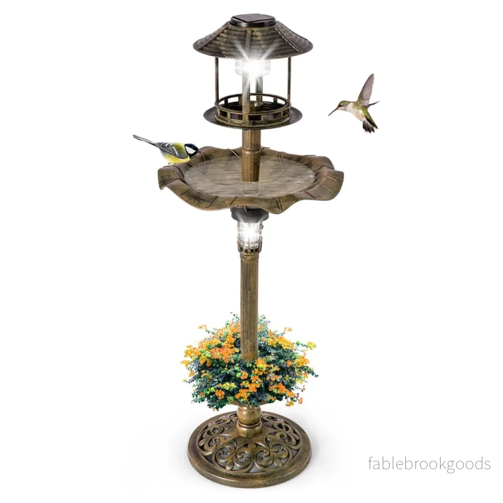 Fågelbad – med solar ljus blomkruka fågelmatare – Ø 43 x 110 cm – Brons
