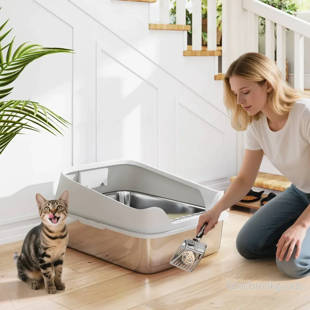 Kattlåda i rostfritt stål med skopa, höga sidor, XXL - Bild 2