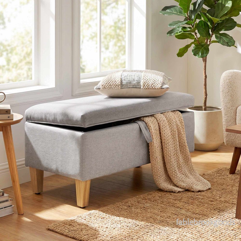 Förvaringsbänk Ottoman, Linne-Look, Ljusgrå 71cm - Bild 2