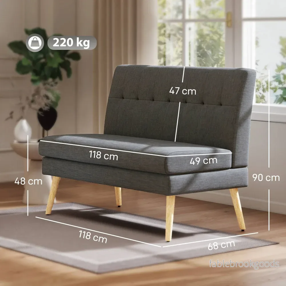 2-sitssoffa, tuftad rygg, träben, linne-look, grå - Bild 3