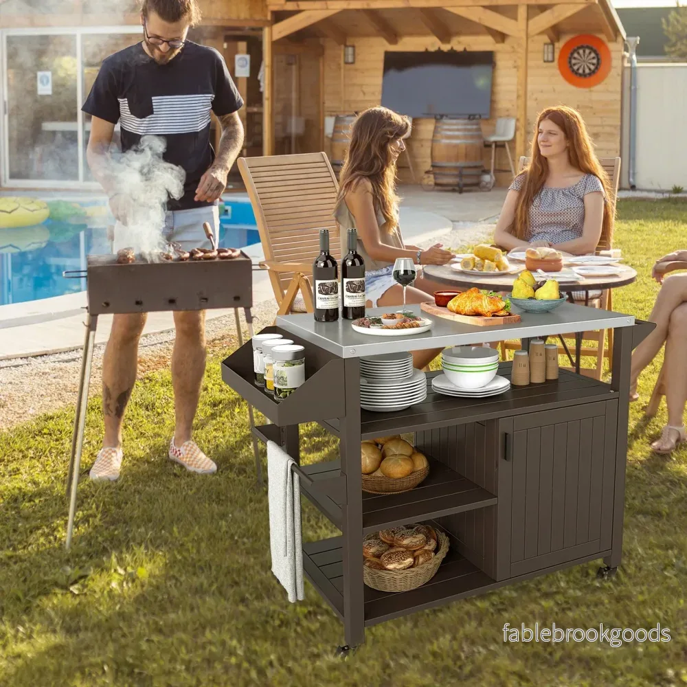 Grillvagn – på hjul Grillbord med rostfritt stål Serveringsvagn och hyllor skåp kryddhylla – 3 – Svart - Bild 3