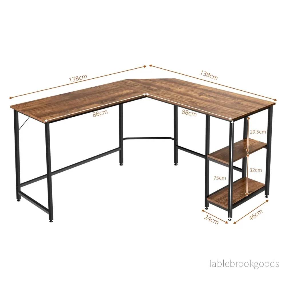 L – format skrivbord hemmakontor med hyllplan kaffebrun + – 2 138 x 138 x 75,5 cm – Brun - Bild 2
