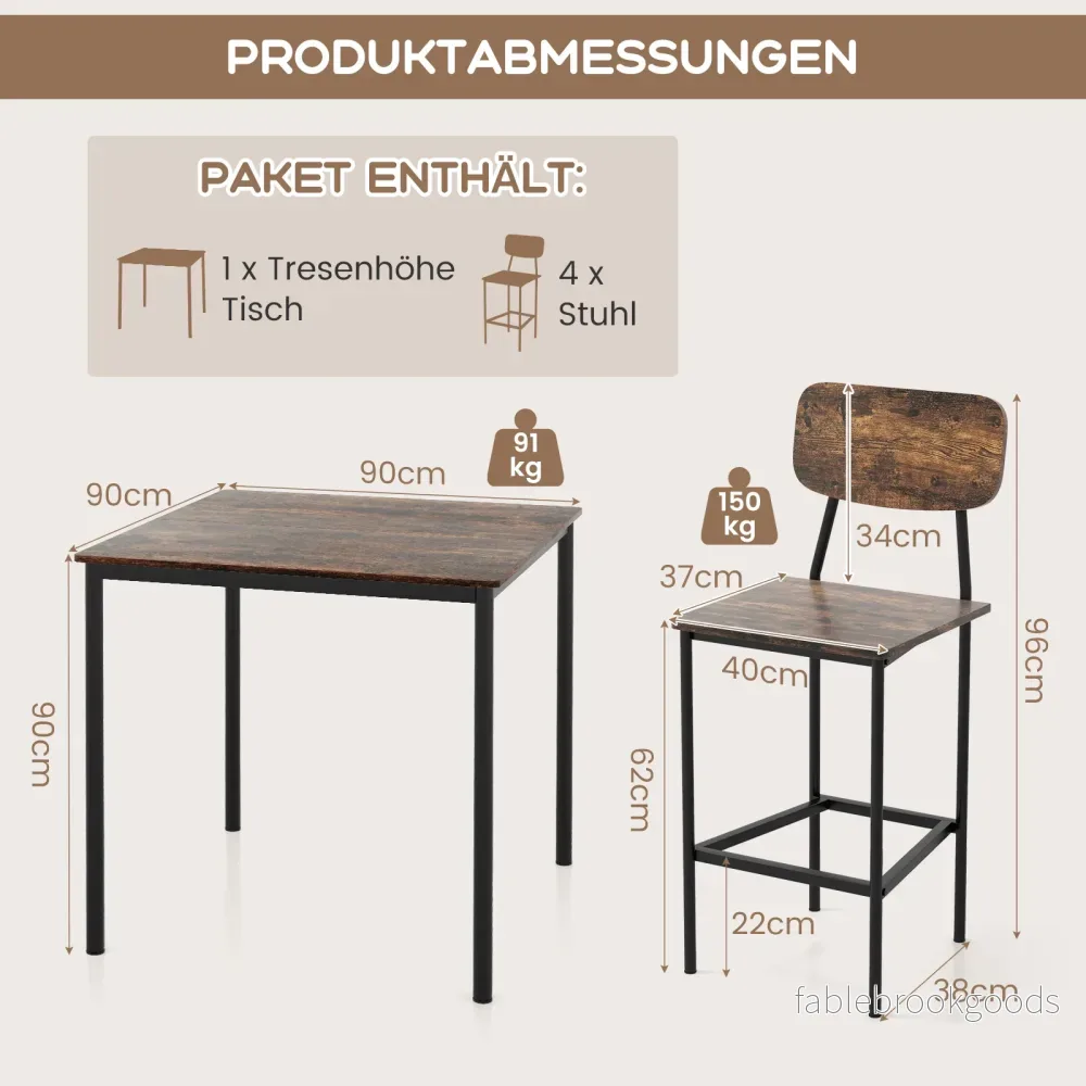 Matbord – med barstolar Kökstbord i bardiskhöjd Metallram Matgrupp för personer – 4 4 – Rustik brun - Bild 2