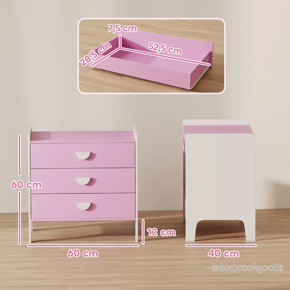 Barnbyrå med 3 lådor, MDF, rosa och vit - Bild 3