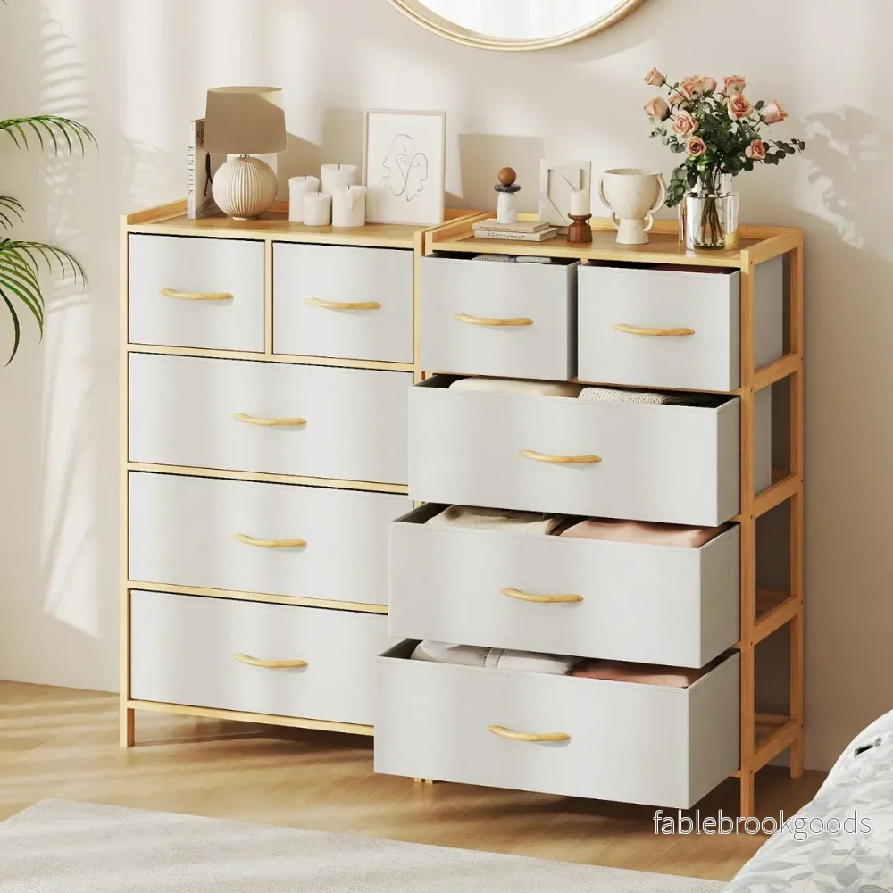 Byrå – med ihopfällbar Tyg Låda Bambu Förvaringsskåp övre Hylla – 5 – Natur - Bild 3