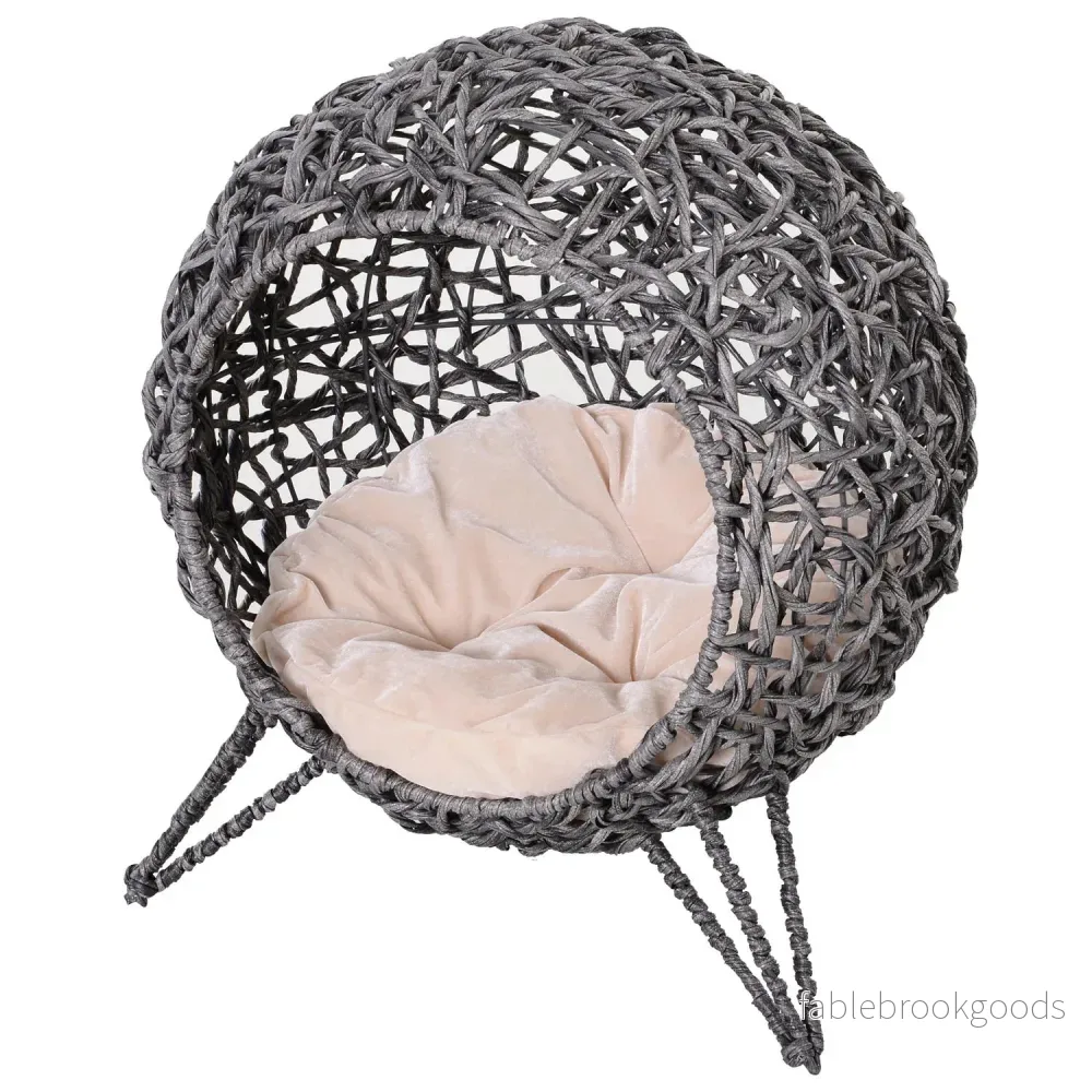 Rottingkatthus med kuddar, upphöjd, silvergrå 52×58 cm Rottingkatthus med kuddar, upphöjd, silvergrå 52×58 cm