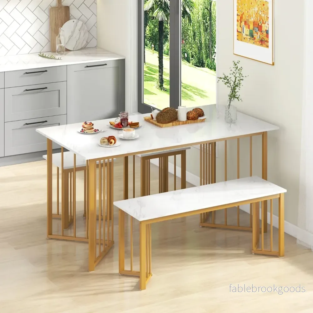 delat – matsalsset med stolar och bord bänk Modernt i marmor + gyllene – 4 2 – Vit - Bild 2