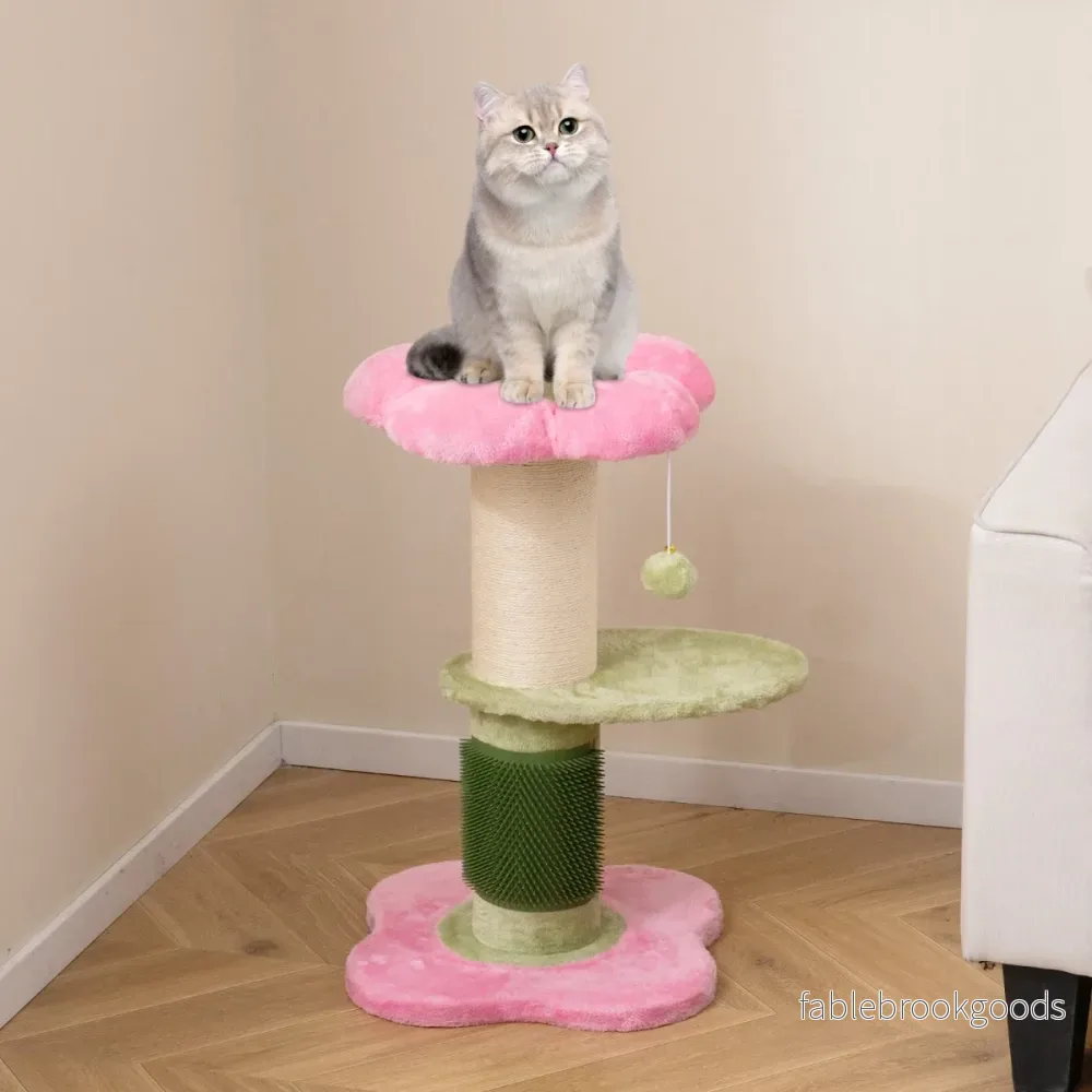 Blommig – kattklätterträd med vadderad plyschsits Litet – 69 cm – Rosa - Bild 3
