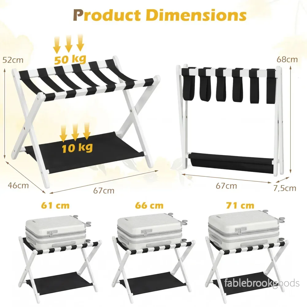 Fällbar – resväska ställning av gummiträ med hyllor upp till – 2 50 kg 67 x 46 x 52 cm – Vit - Bild 2