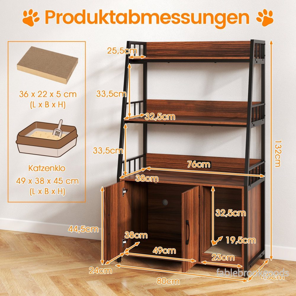 Kattenskåp – med bokhylla laddstation nivåer klösmatta och ingång – 3 80 x 40 x 132 cm – Valnöt - Bild 2