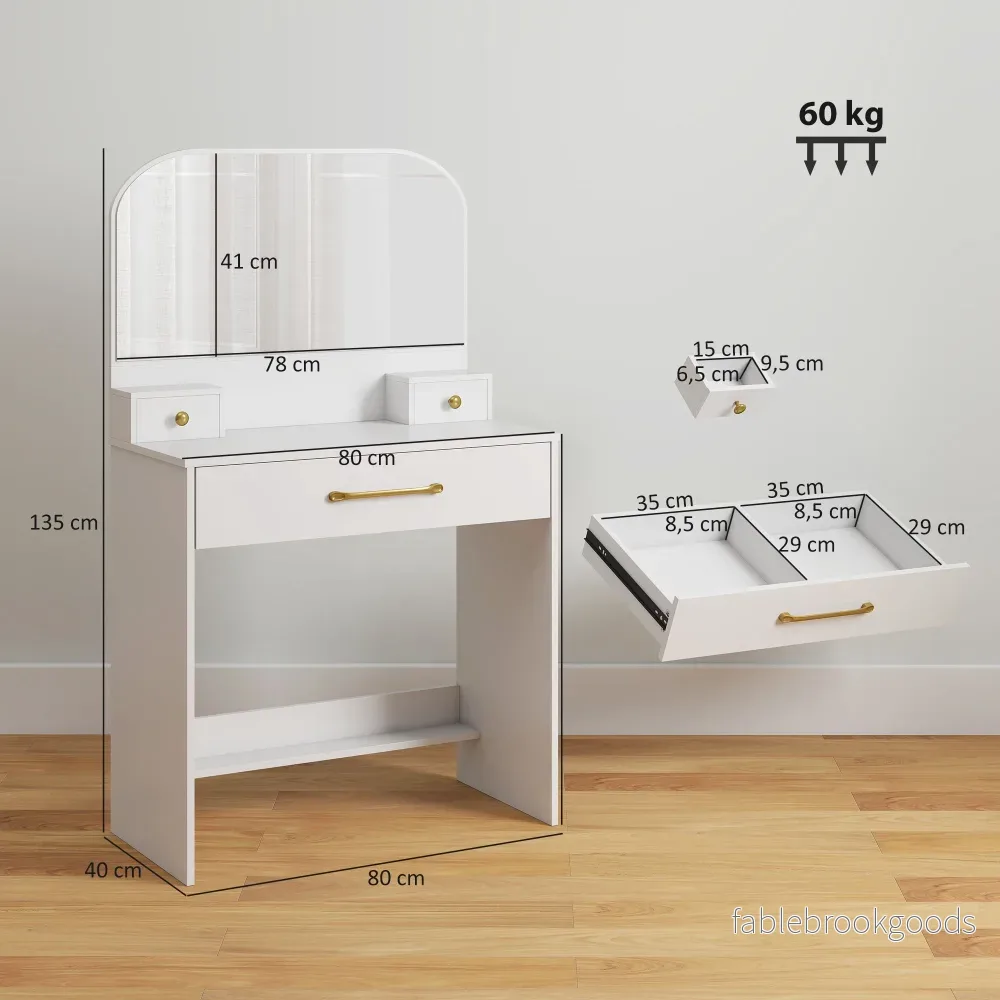 Sminkbord med spegel, 3 lådor, vit, kompakt design - Bild 3