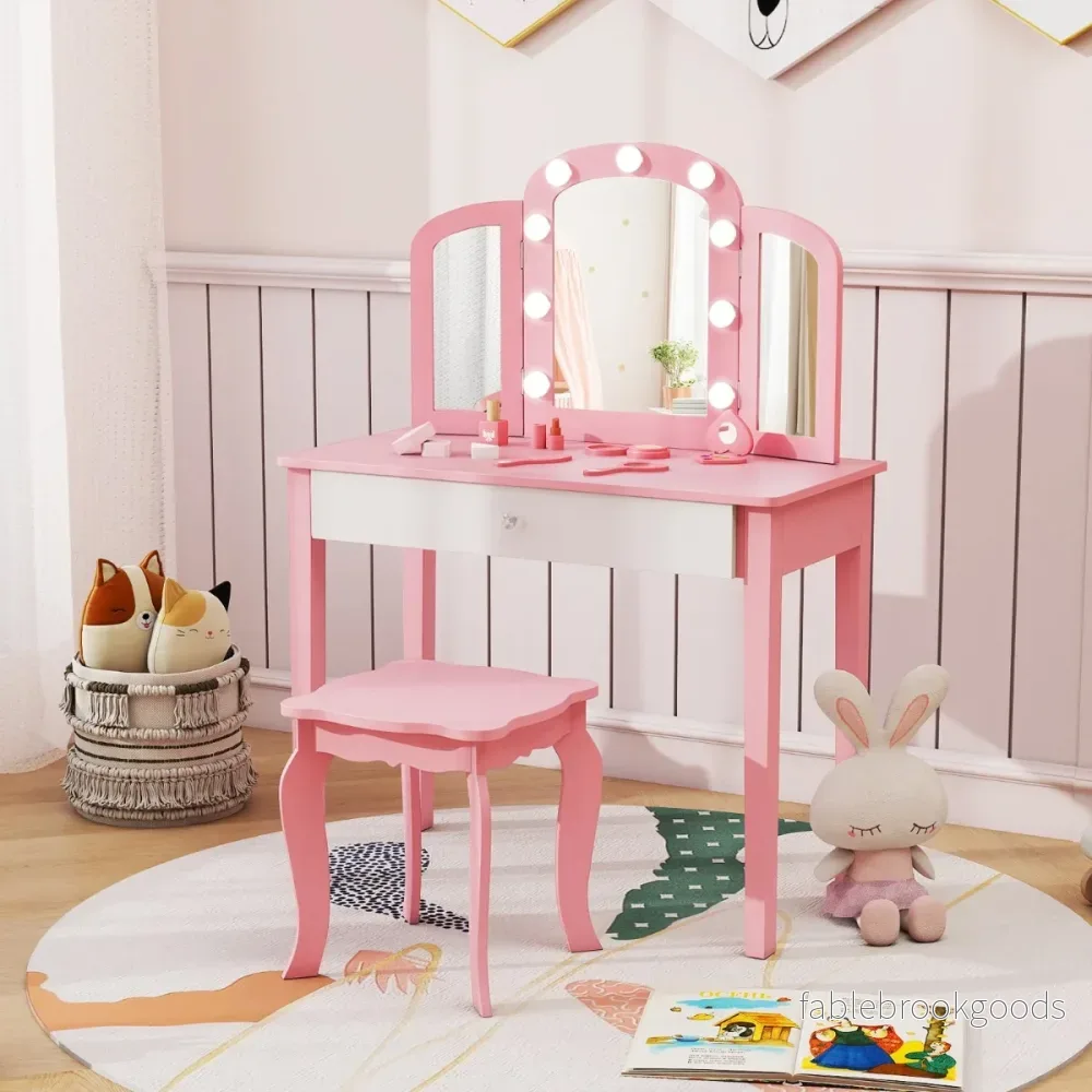 i – Barn Sminkbord Set med Avtagbar Spegel och Ljusfärg – 2 1 3 – Rosa - Bild 3
