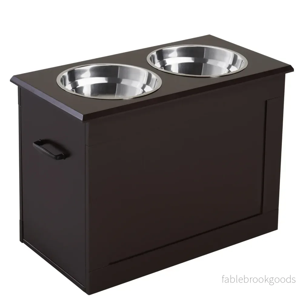 Utfodringsstation för husdjur, dubbla skålar i rostfritt stål, MDF Espresso Finish