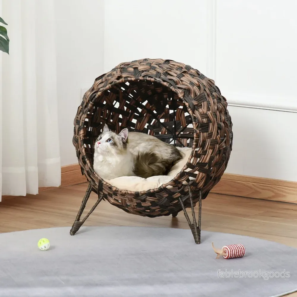 Rattan Cat Bed, förhöjd design med kudde, brun Ø52cm - Bild 2