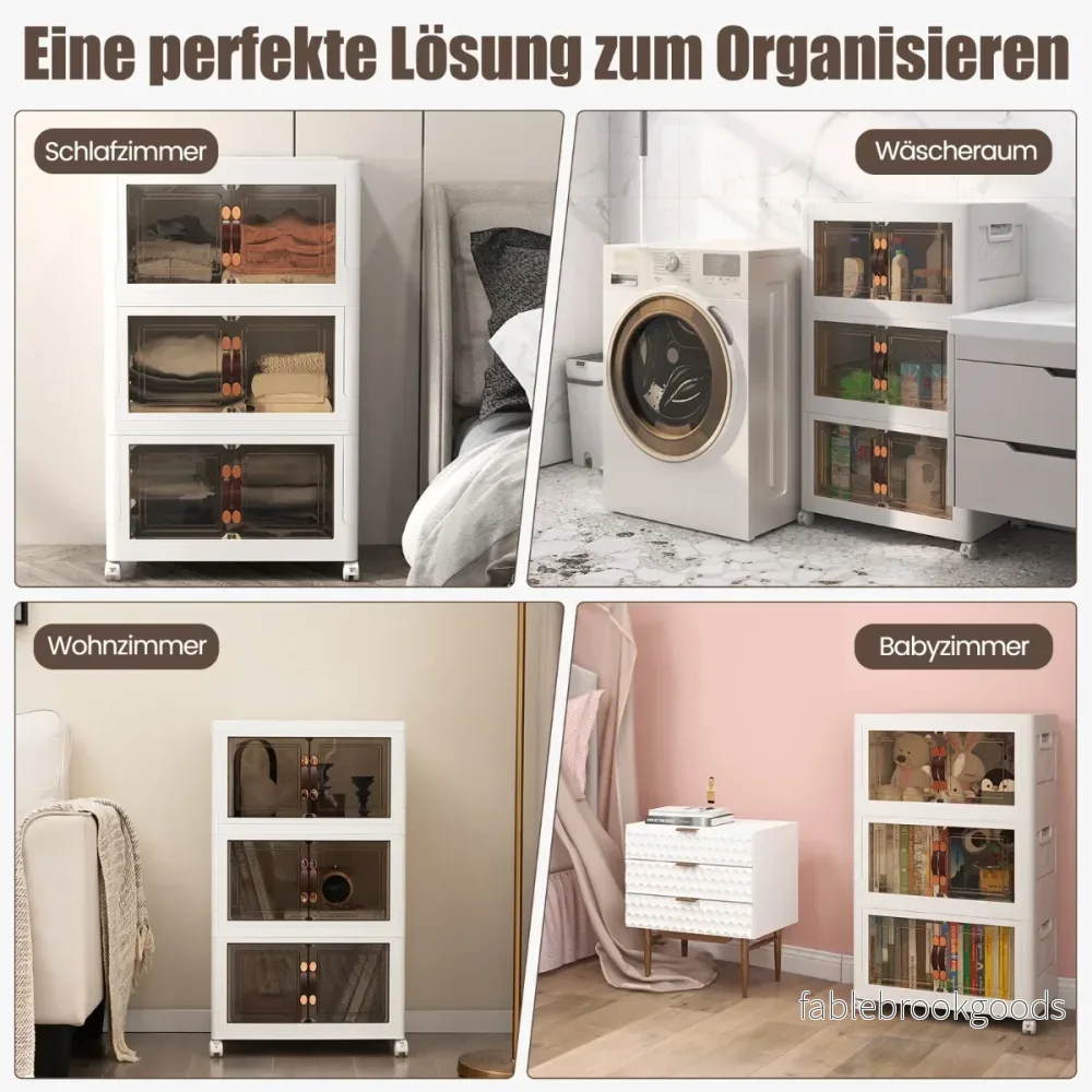 Set – med stapelbara förvaringslådor lock och hjul dörrar – 3 49,5 x 31,5 x 86 cm – Vit - Bild 3