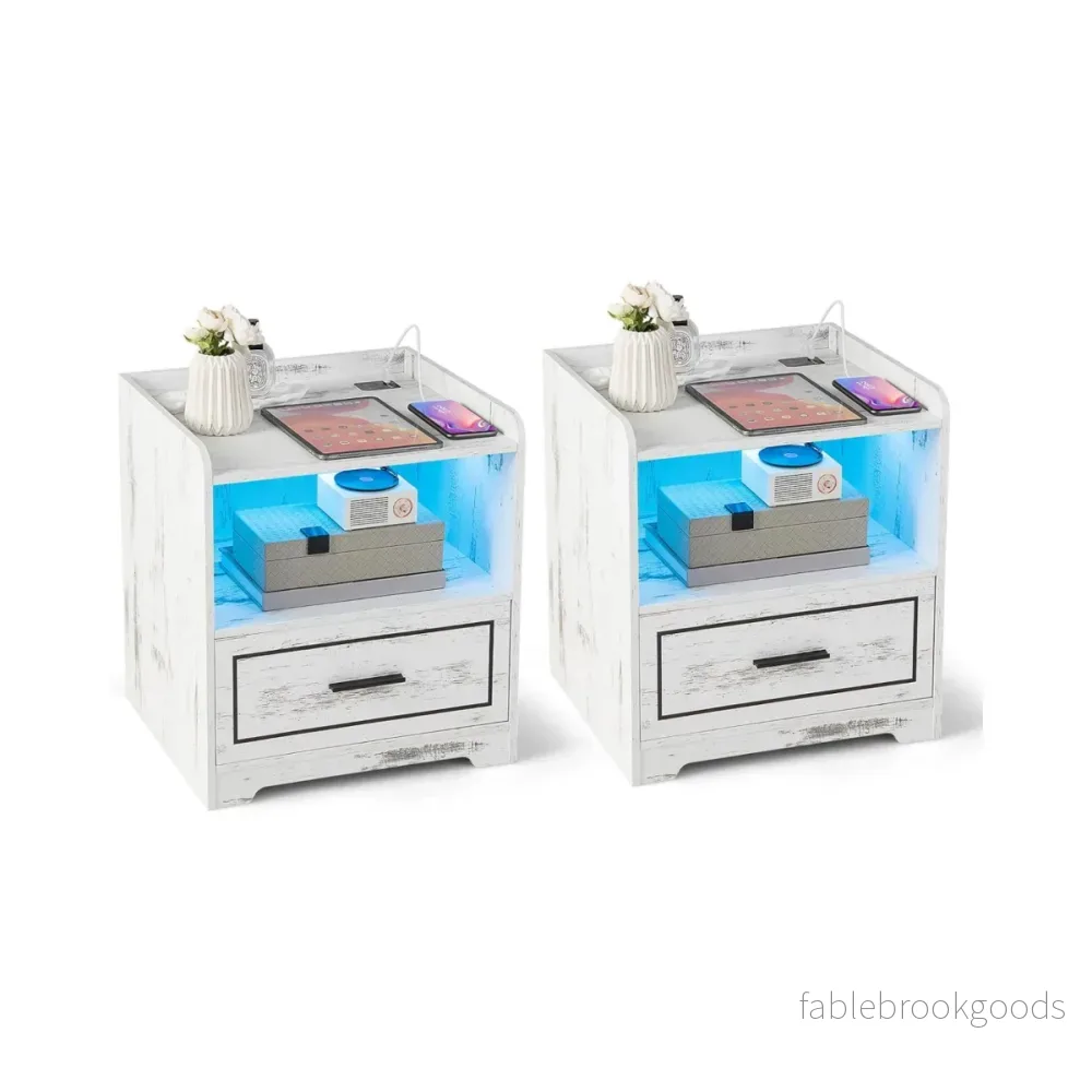 Set – med sängbord LED ljus, USB port och typ C laddstation, nattduksbord rörelsesensor – 2 – Vit