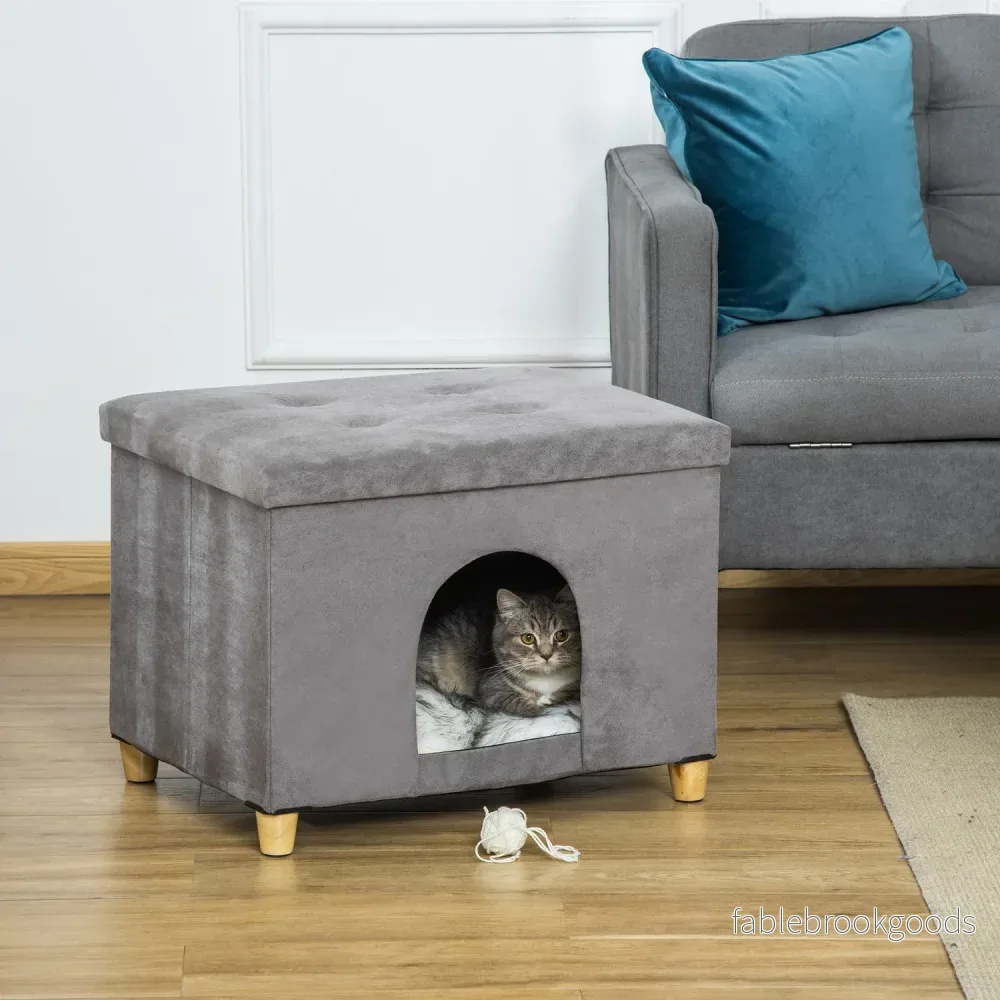 2-i-1 Cat Cave Fotpall med kudde, träben, grå - Bild 2