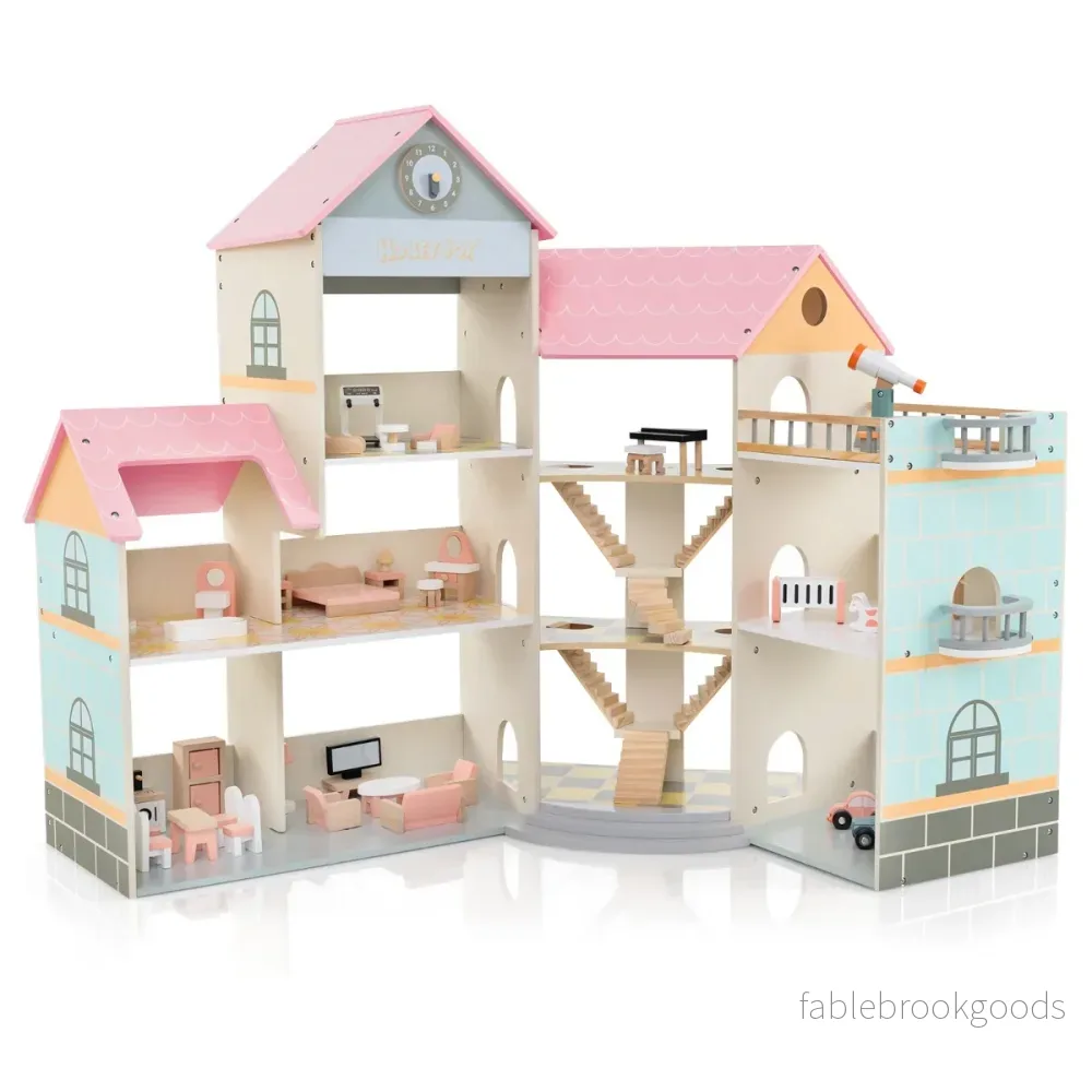Hörndockhus – i trä med tak och möbler tillbehör Dollhouse DIY drömhus – 41 – Rosa