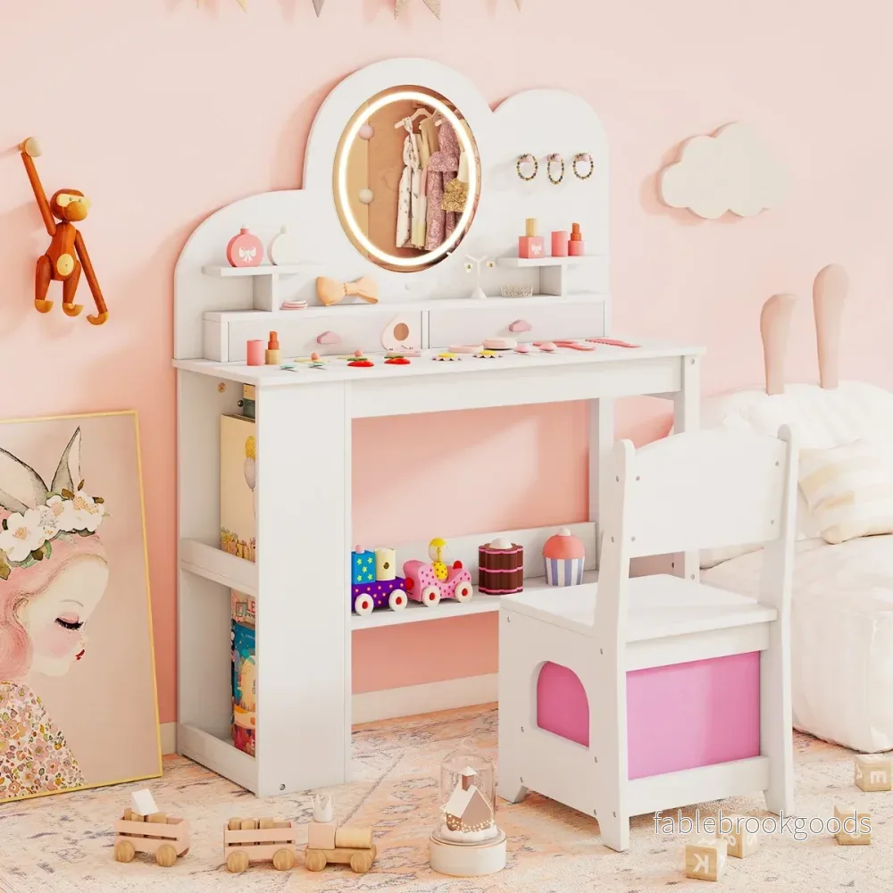 Barnsminkbord – med belysning Prinsessans frisörbord och stolsset lådor Vitt – 2 – Vit - Bild 3