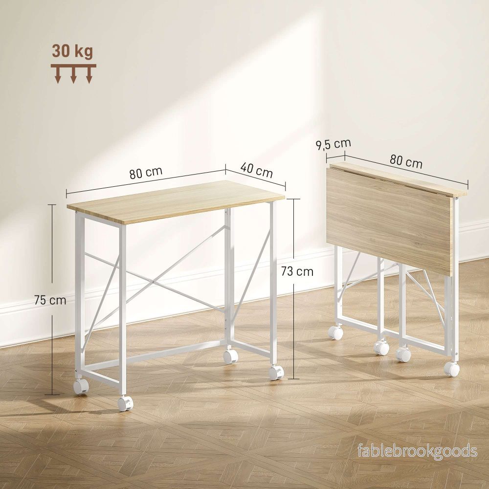 Hopfällbart skrivbord med hjul, platsbesparande, stål MDF, naturlig - Bild 3