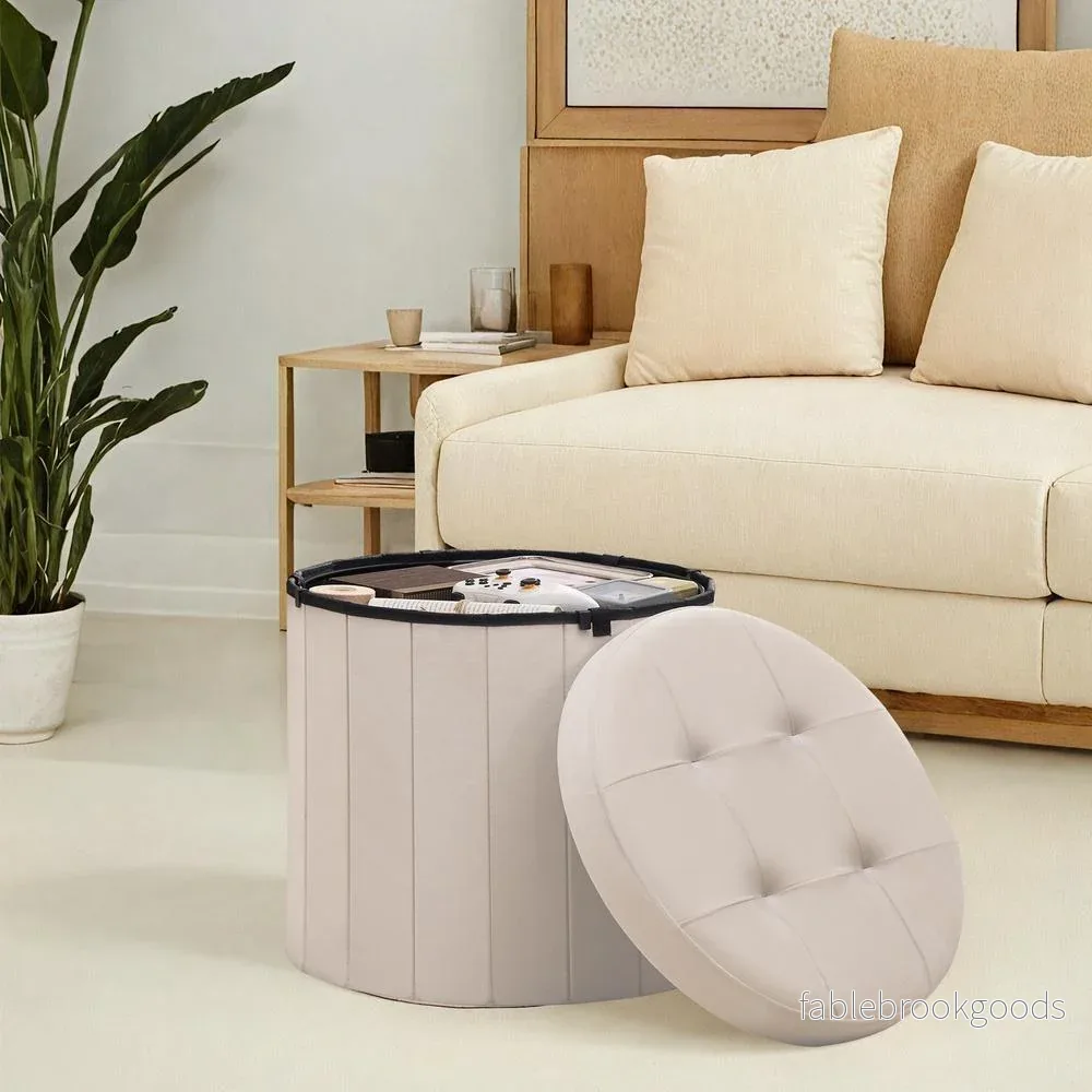 Poef - Rond - Met Opbergruimte - Afneembaar Deksel - Cappuccino Beige - Bild 3