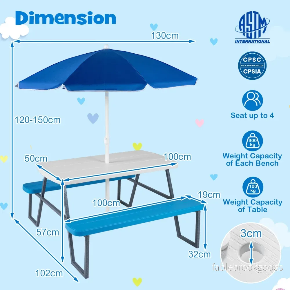 Barnpicknickbord – i HDPE med bänkar, höjdjusterbart och avtagbart parasoll – 2 - Bild 3