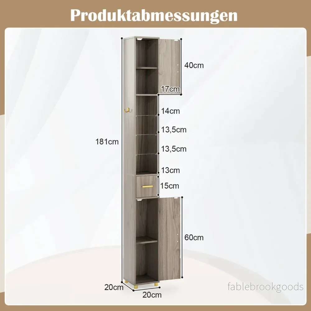 Badrumsskåp – med belysning, låda och glashyllor Smalt Grått – 3 – Grå - Bild 2