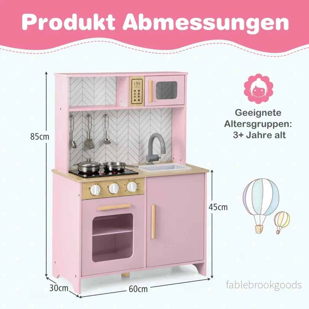 Träbarnskök – med mikrovågsugn, spis, diskho och ugn Lekköksbarnskök – Rosa - Bild 2