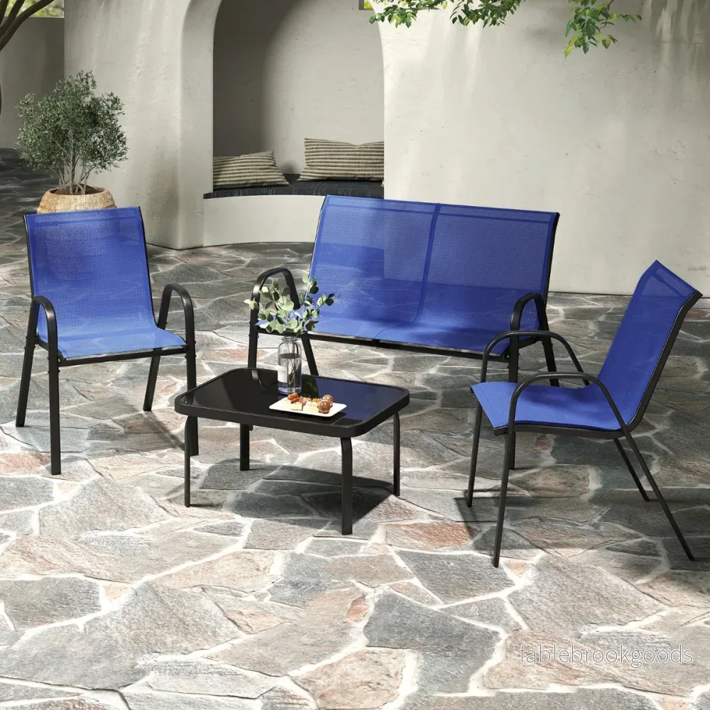 delat – patio metallstolset modernt och bordset med tygöverdrag bordsskiva av härdat glas – 4 – Blå - Bild 3