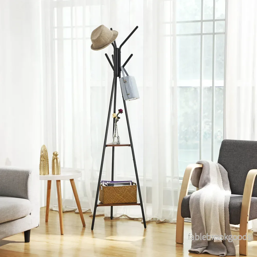 Klädhängare – industriell design – med 6 krokar och 2 hyllor – vintage brun-svart - Bild 3