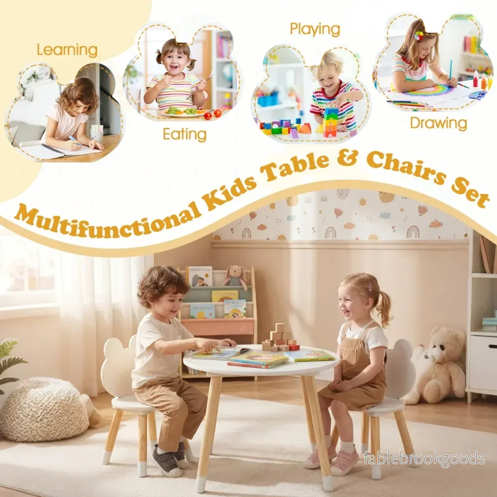 Barnbord – med stolar Barnskrivbord och grodformad stolset träben – 2 – Vit - Bild 3