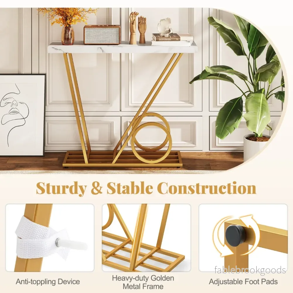 Konsollbord – Modern Infälldsbord med Marmor Optik och Vagn inspirerad Design Sidobord – 100 cm – Vit - Bild 3