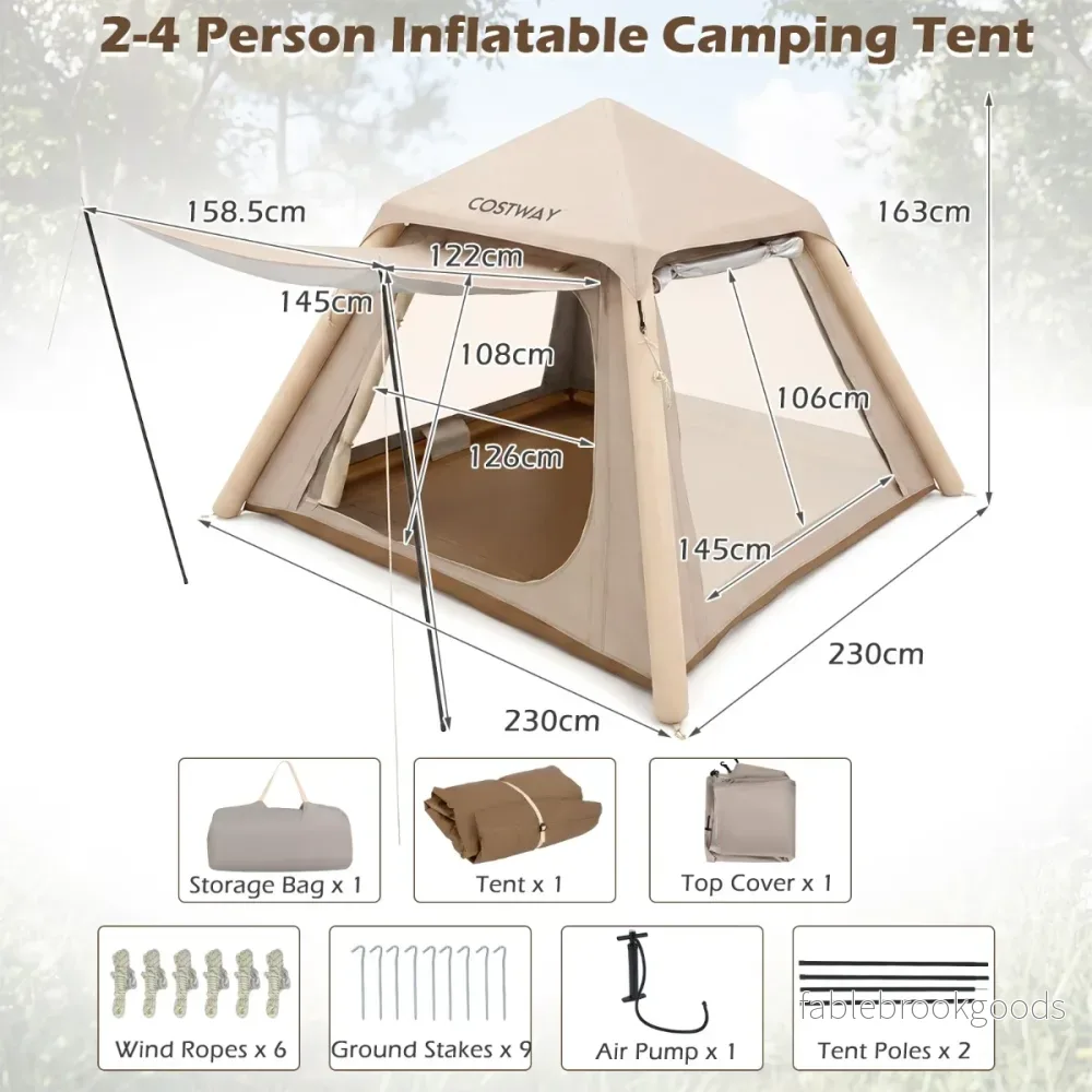 Uppblåsbart – Campingtält för Personer Lufttält med Avtagbart Förtält Nätfönster och Dörrar – 2-4 2 – Khaki - Bild 2