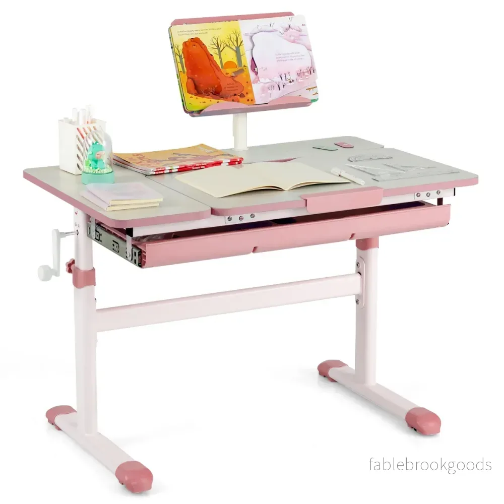 Barnskrivbord – Höjdjusterbart studentskrivbord med lutande bordsskiva ( – 51-73 cm – Rosa - Bild 2