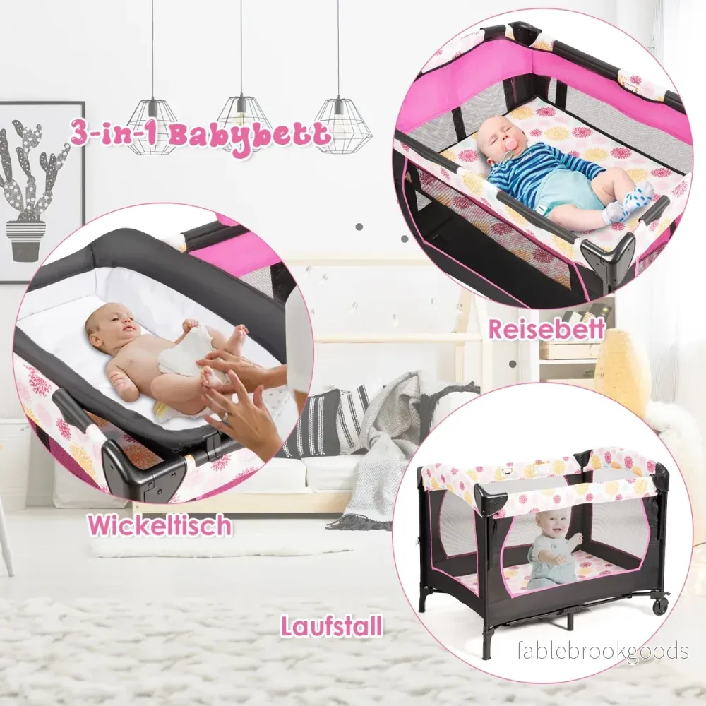 Babysäng – i hopfällbar resesäng och spjälsäng skötbord lekhage +rosa – 4 1 – Svart - Bild 3