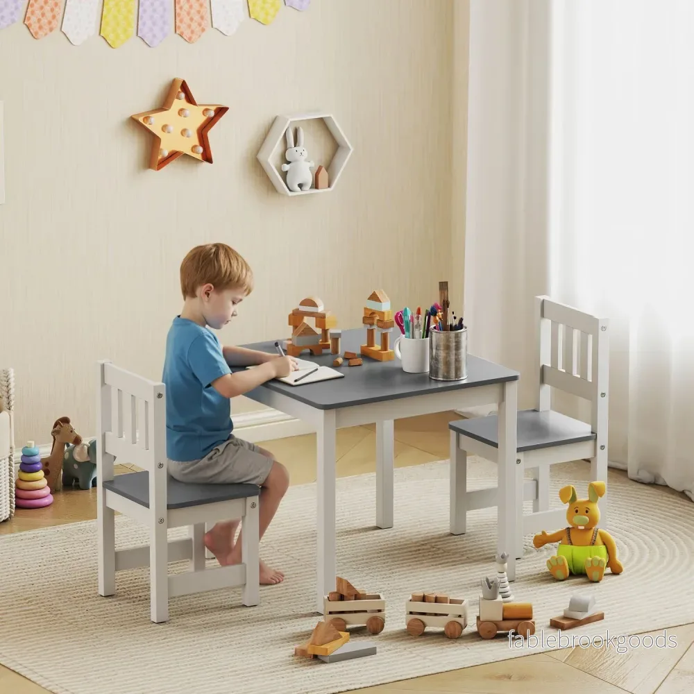 Barnbord och stolsset, 3 delar, grå, trä - Bild 2