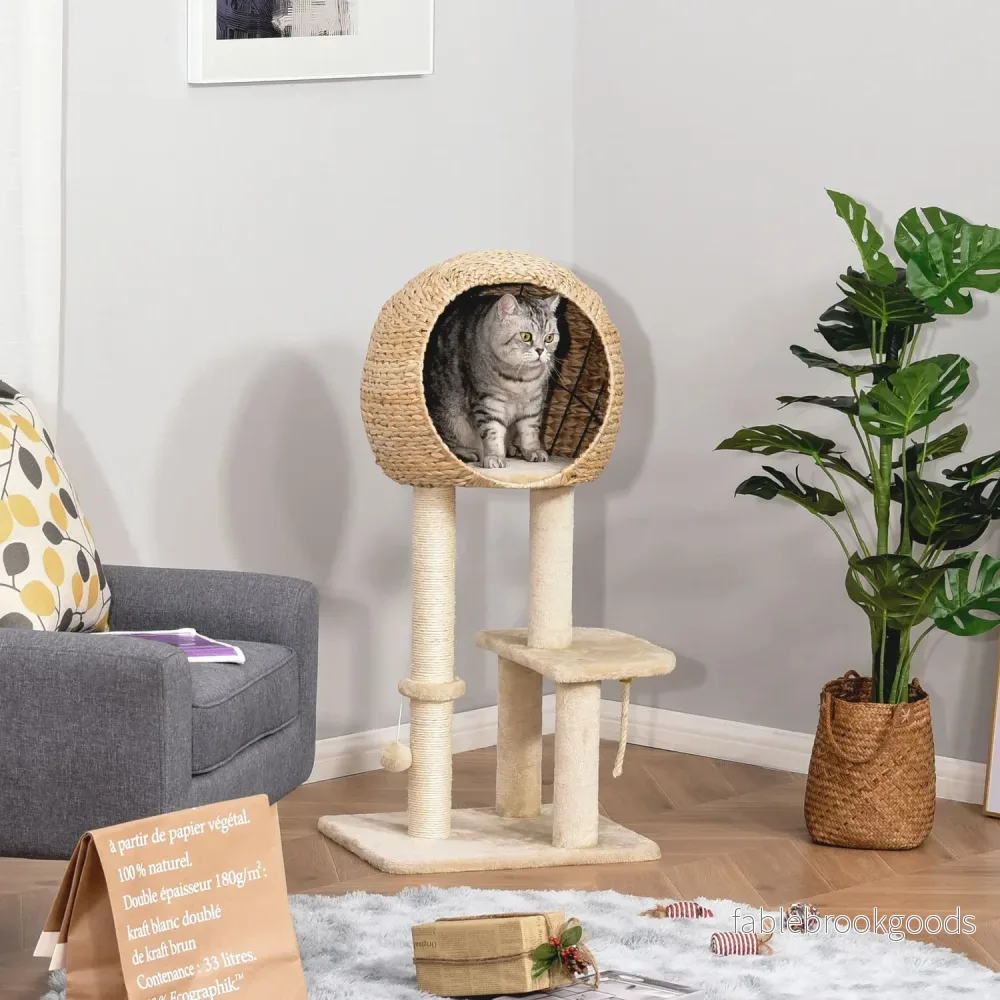Kattträd med skrapstolpe och grotta, beige, 100 cm hög - Bild 2