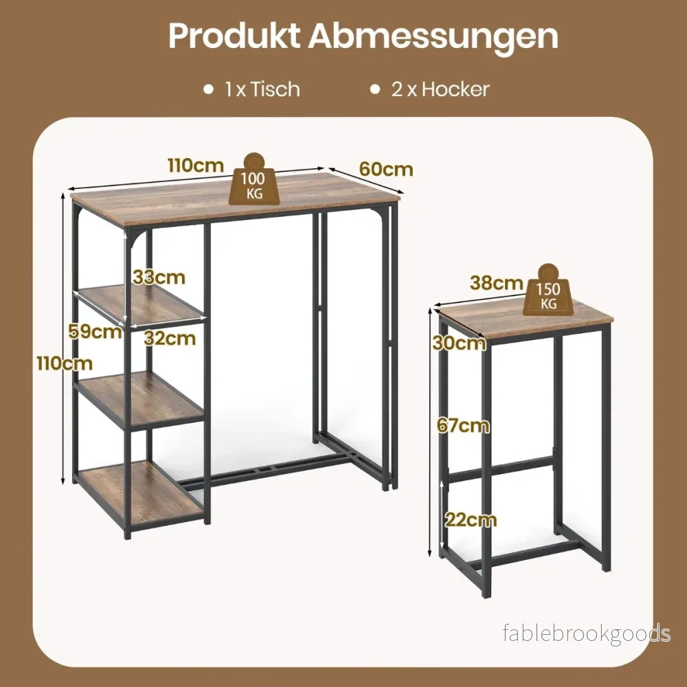 delat – barbordsset för personer Bistrobord med barstolar Matbord förvaringsfack Köksbord – 3 2 2 3 – Brun - Bild 2